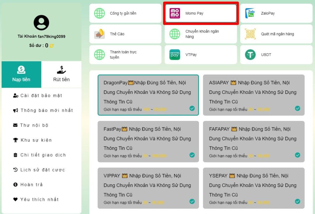 Phương pháp nạp thông qua ví Momo